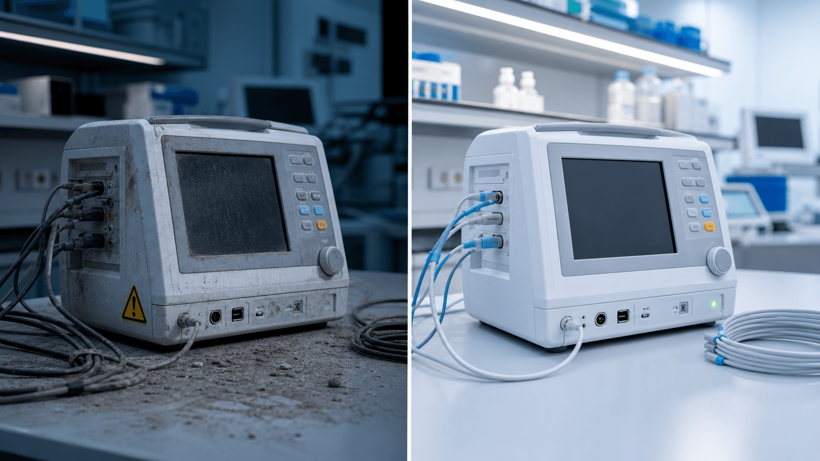 Antes y después de mantenimiento de equipo médico biomédico